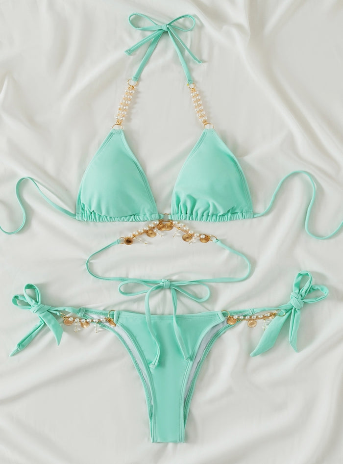 Pearl Crystal Pendant Strap Sexy Swimsuit