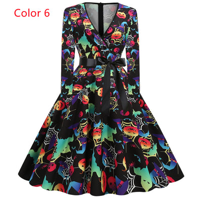Long Sleeve V-neck Slim Print Dress