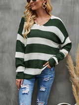 Loose Stitching V-neck Striped Sweater