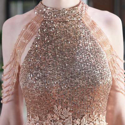 Tulle Seuqins Halter Beading Prom Dress