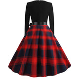 V-neck Chequer Print Long Sleeves Dress