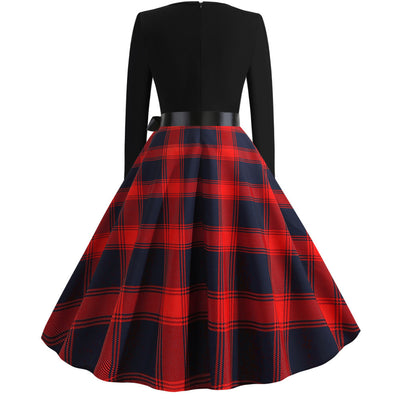 V-neck Chequer Print Long Sleeves Dress