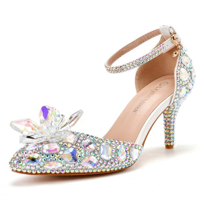 7 cm Stiletto Pointed Crystal Glass Flower Sandals