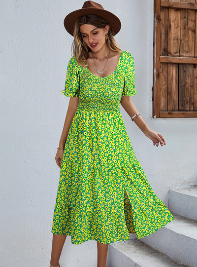 Round Neck Big Swing Bohemian Print Dress