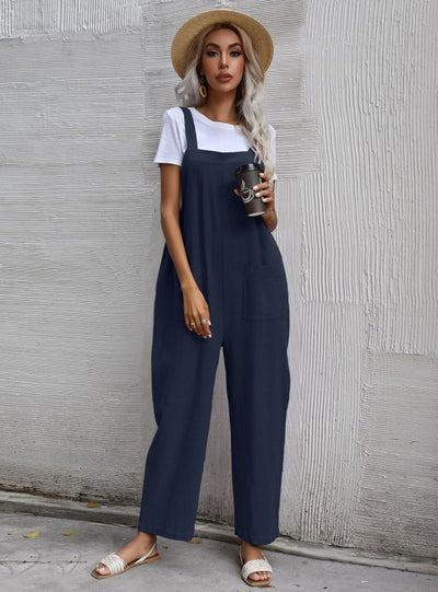 Black Cotton Lazy Loose One-piece Bib Pants