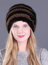 Ladies Mink Wool Knitted Hat Flower Decoration