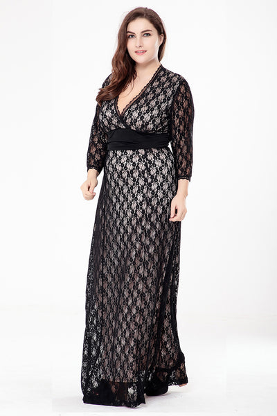 V-neck Black Hollow Three-quarter Sleeve Lace Dress