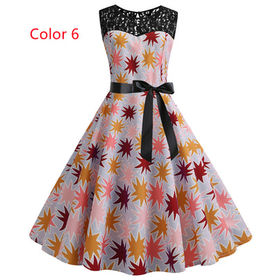 Retro Printed Sleeveless Lace Stitching Dress
