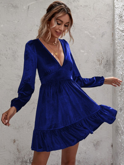 Deep V-neck Puff Sleeve Velvet Ruffled Dress