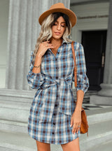 Plaid Waist Shirt Long Sleeve Dress