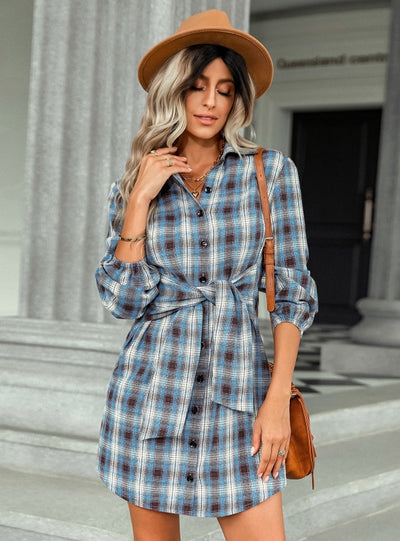 Plaid Waist Shirt Long Sleeve Dress