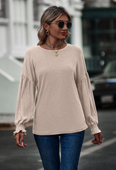 Round Neck Pleated Lantern Sleeve T-shirt