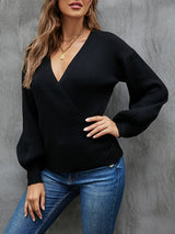 Women V-neck Lantern Sleeve Sweater