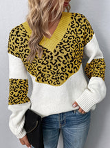 V-neck Pullover Color-bump Leopard Sweater