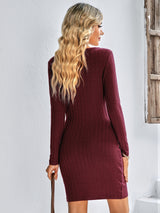 Long Sleeve Round Neck Solid Color Slim Dress