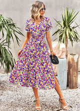 Short-sleeved Split Printed Dress