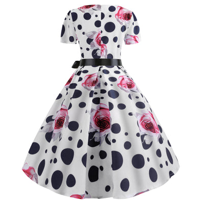 Retro Short Sleeve Printed Lace Dress