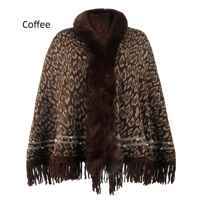 Leopard Print Fur Collar Tassel Warm Scarf Shawl