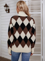 Collar Plaid Color Matching Knitted Loose Sweater