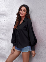 Lantern Solid Color Lapel Long Sleeve Shirt