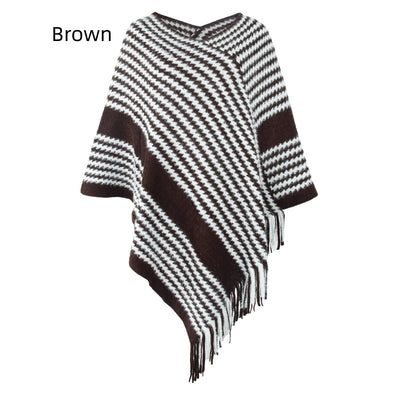 Knitwear Striped Tassel Cloak Shawl Coat