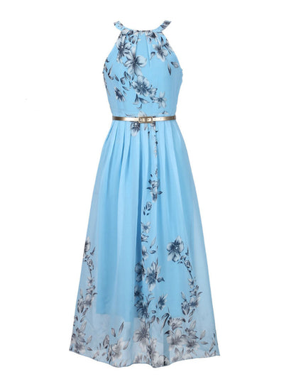 Chiffon Floral Print Halter Tunic Sleeveless Pleated