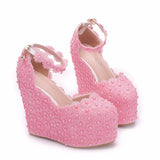 White Lace Wedges Pearl Wedding Shoes