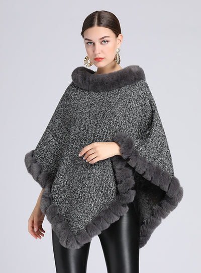 Wool-padded Fur Collar Shawl Cape Knitted Pullover