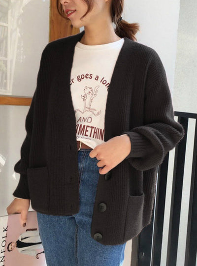 Women Cardigans Sweater V neck Solid Loose Knitwear