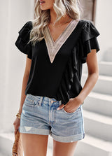V-neck Ruffled Top Short Sleeve Shirt