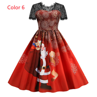 Lace Stitching Short Sleeve Printed Dress