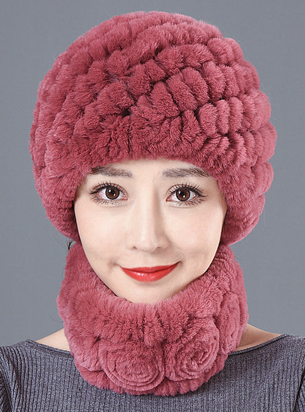 Winter Fur Rex Rabbit Fur Warm Scarf Hat Set