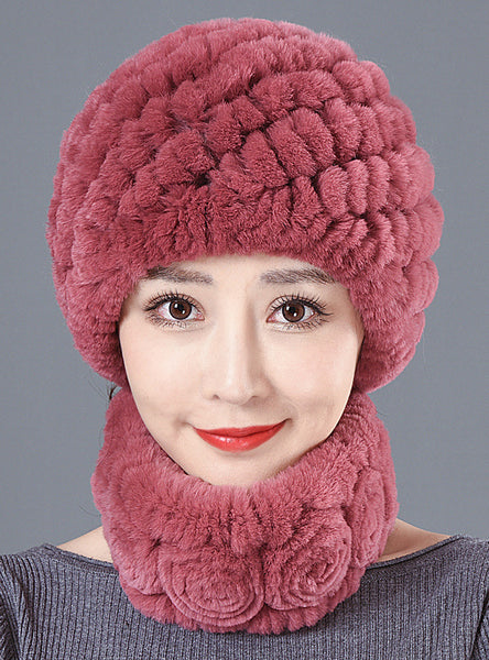 Winter Fur Rex Rabbit Fur Warm Scarf Hat Set