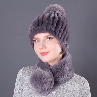 Rex Rabbit Fur Hat Scarf Winter Two-piece Set