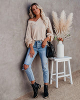 Loose V-neck Lantern Sleeve Top