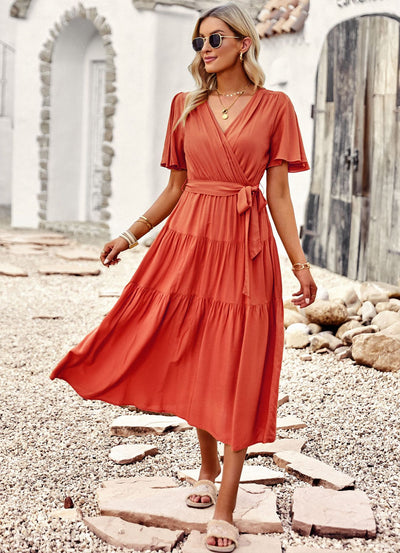 Short Sleeve V-neck Chest-wrapped Dress