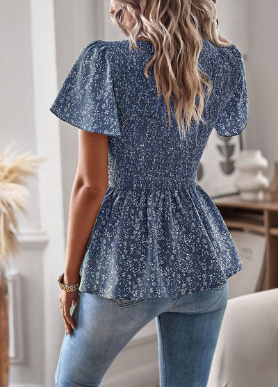 Silm Waist Print Pleats Top