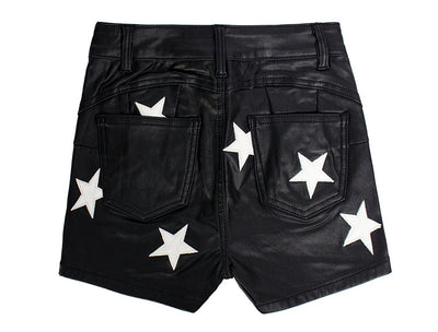 PU Leather Pants Elastic Metal Hole Rope Shorts