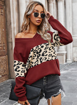 Women V-neck Leopard Sweater