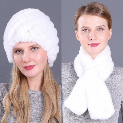 Warm Pineapple Rex Rabbit Fur Hat Scarf Set