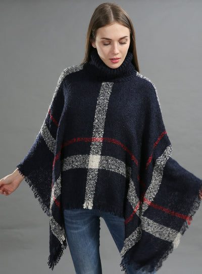 Middle Length High-Necked Knitwear Cape Shawl Blouse