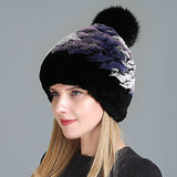 Women's Rex Fur Hat Fox Fur Ball Wool Hat