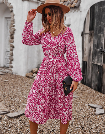 V-neck Sexy Big Swing Long Sleeve Dress