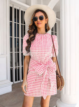 Plaid Knotted Lantern Sleeve Dress