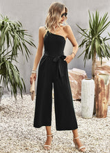 One Shoulder Solid Color Strap Jumpsuit