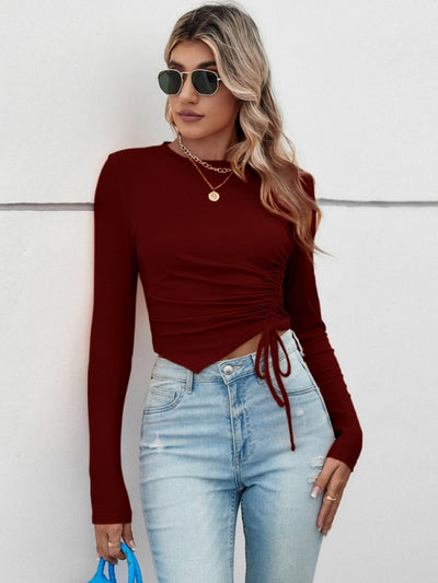Casual Irregular Pleated Slim Long Sleeve T-shirt