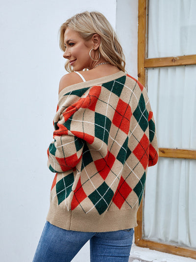 V-Neck Diamond Color Matching Coat Sweater