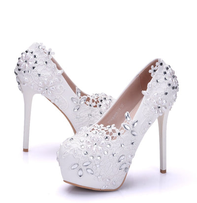 White Beaded Lace Flowers Wedding Shoes