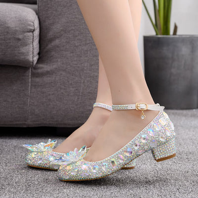 Square Round Head Crystal Flower Wedding Shoes