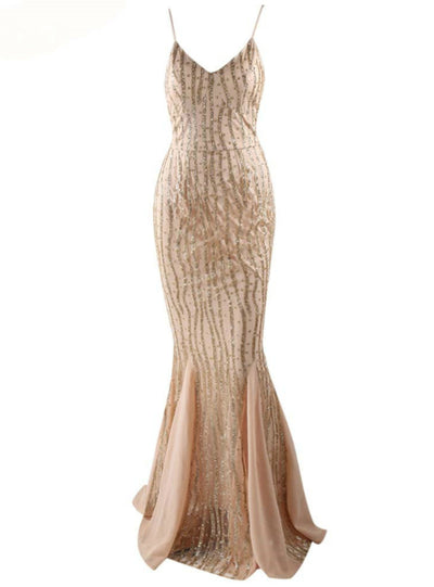 Sexy Sling Deep V Mermaid Ball Shiny Dress
